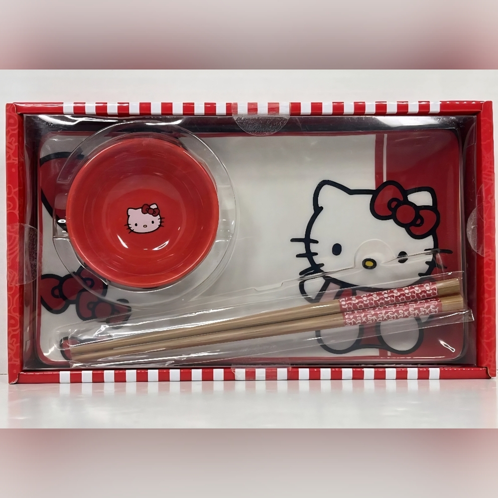 HELLO KITTY Sushi Set Red Bow Chopsticks Set NWT NIB